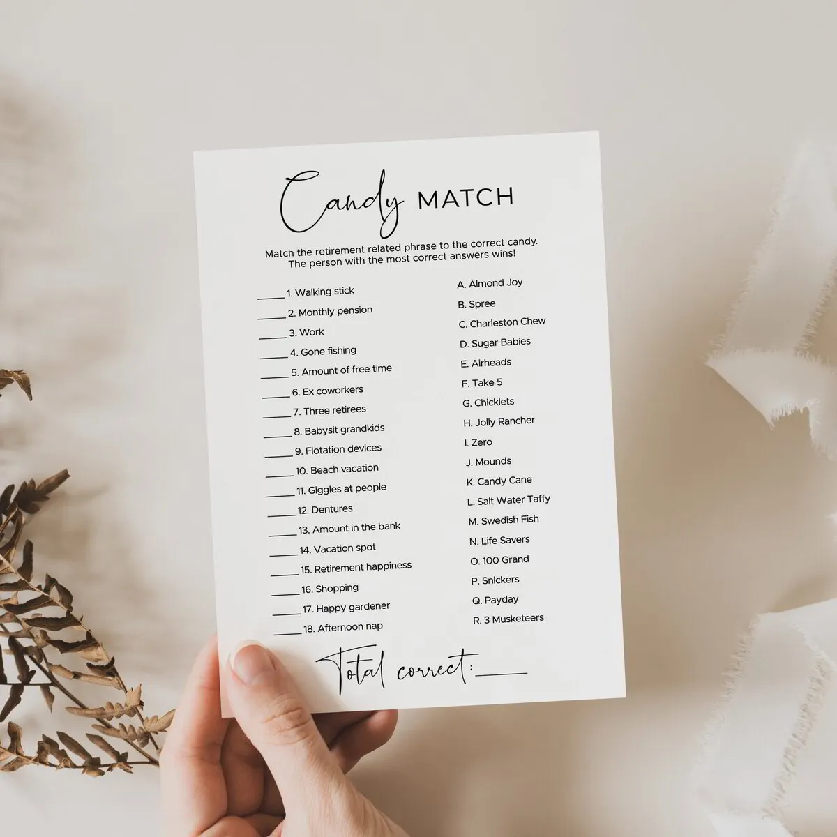 Candy Match Up Game for Retirement Party Activities
