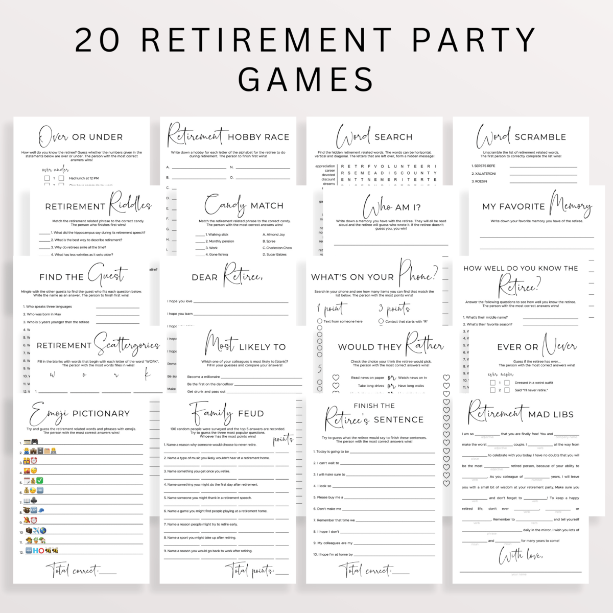 Minimalist Retirement Party Games Bundle | Editable Templates