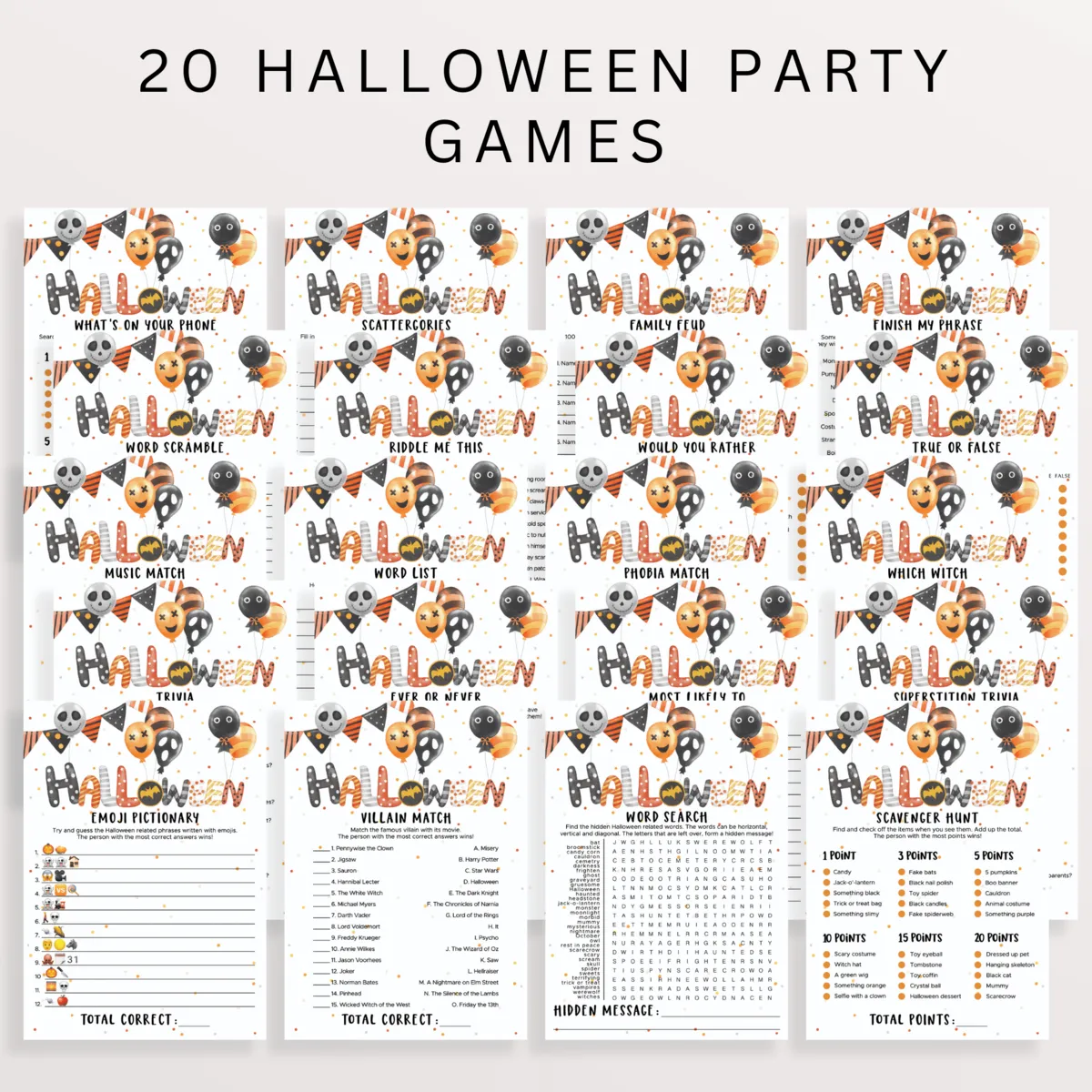 20 Editable Halloween Games for Kids and Adults Templates