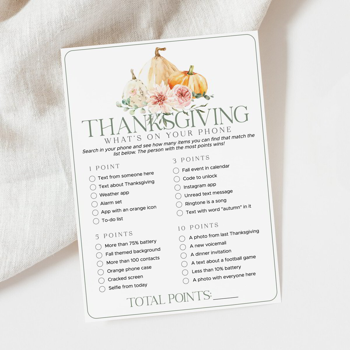 Free Printable What's in your Phone Thanksgiving Game