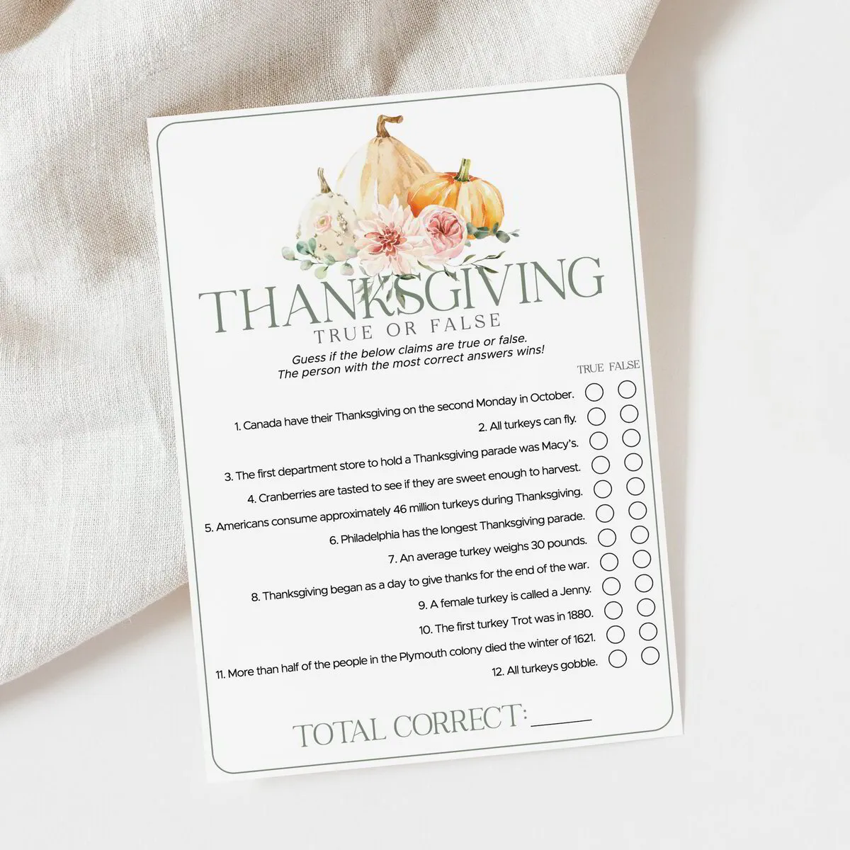 Friendsgiving True or False Game Printable for Game Night | Instant ...