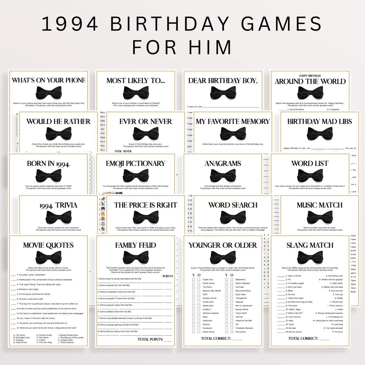 Black Tie Birthday Party Games Pack for Men | Born in 1994