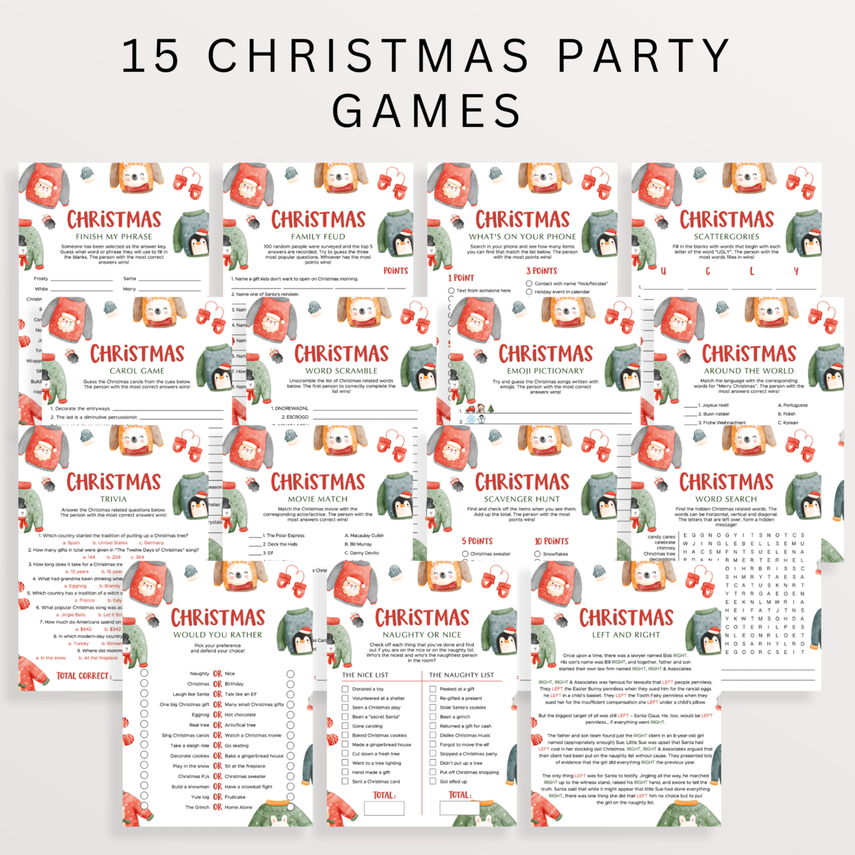 Watercolor Ugly Sweater Party Games Bundle | Editable Templates