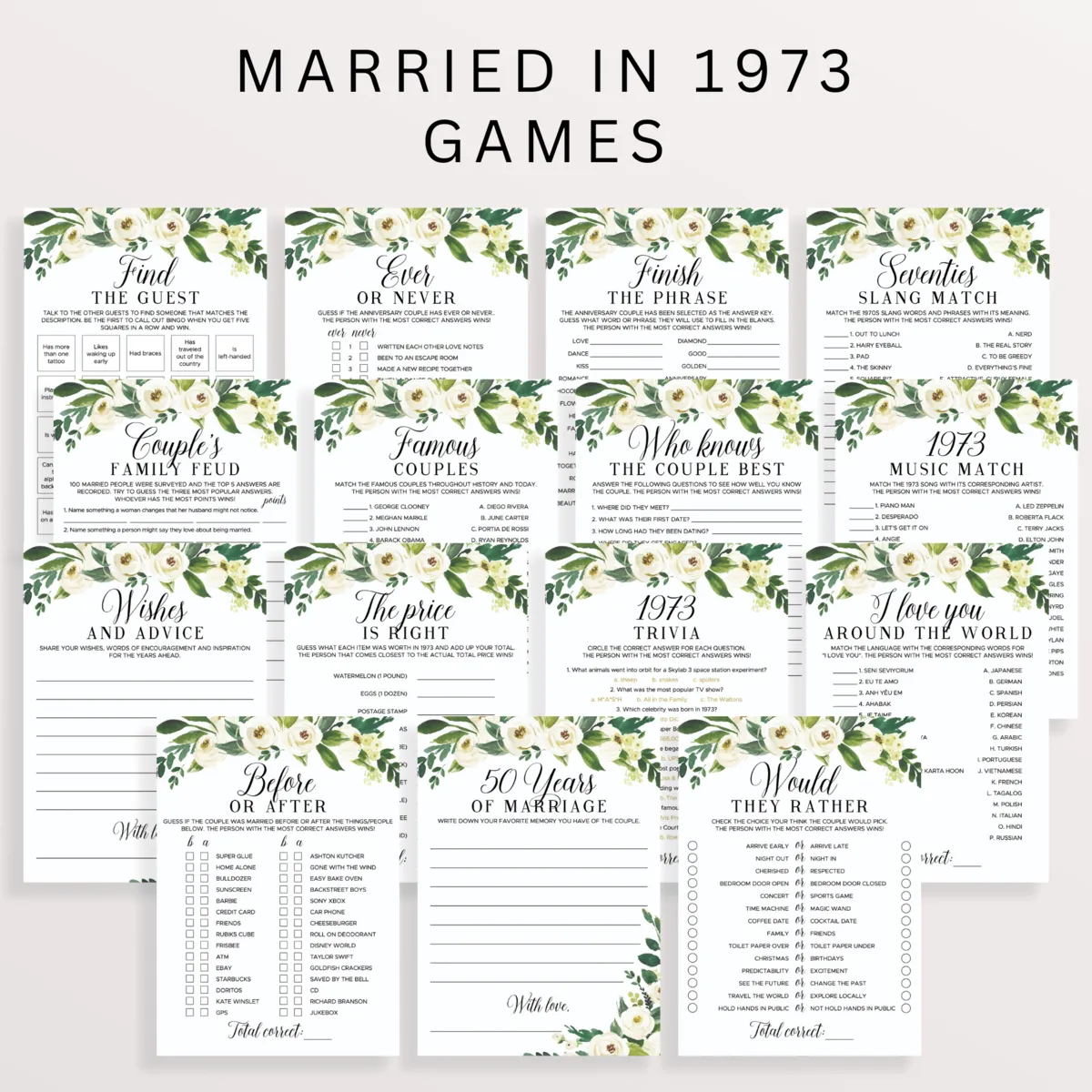 1973 Wedding Anniversary Party Activities Pack Floral Theme