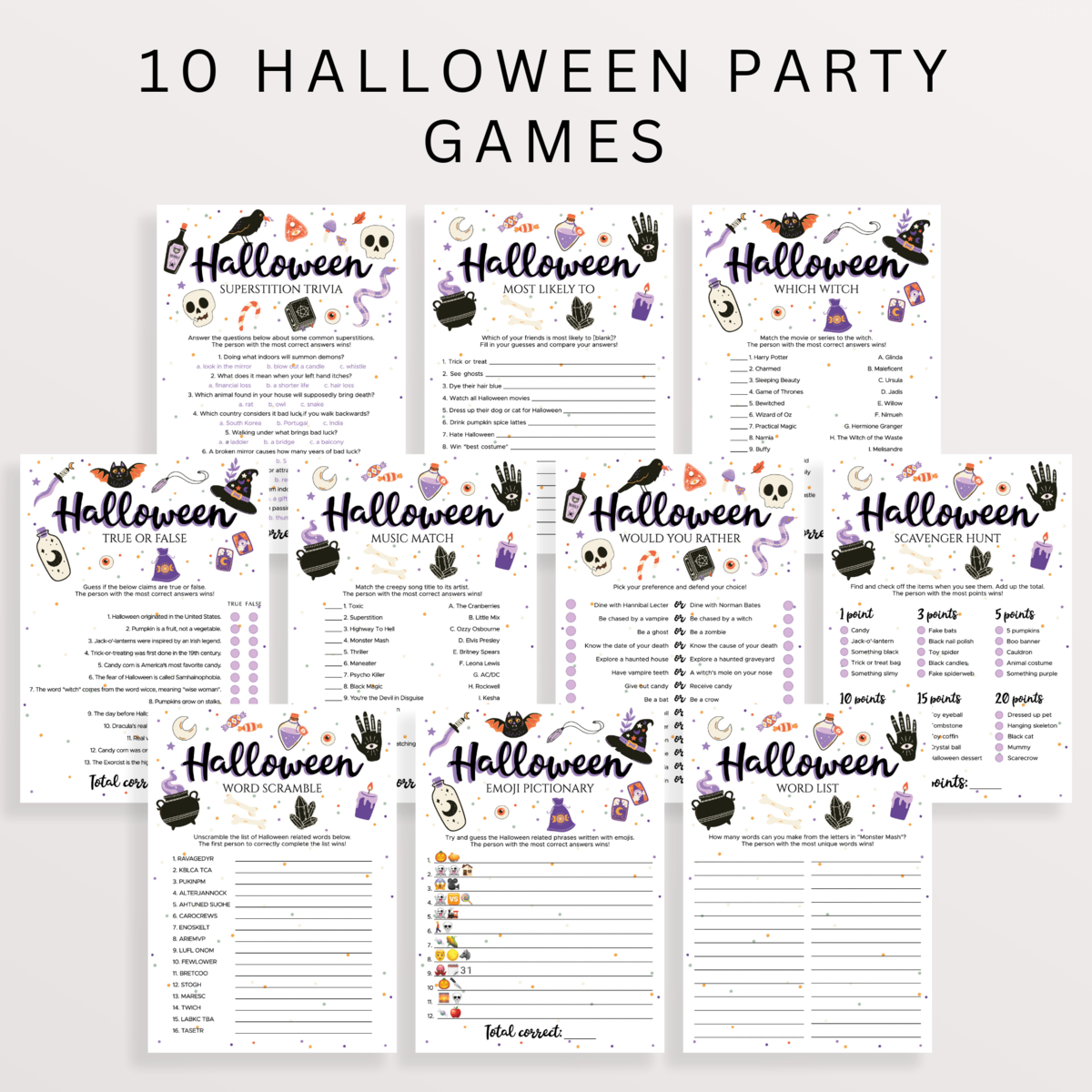 Purple and Black Witch Themed Party Games for Halloween Printable
