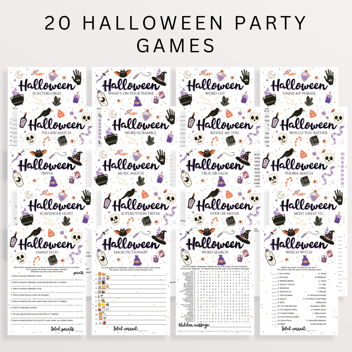 Halloween Witch Themed Party Games Bundle Printable Editable Templates