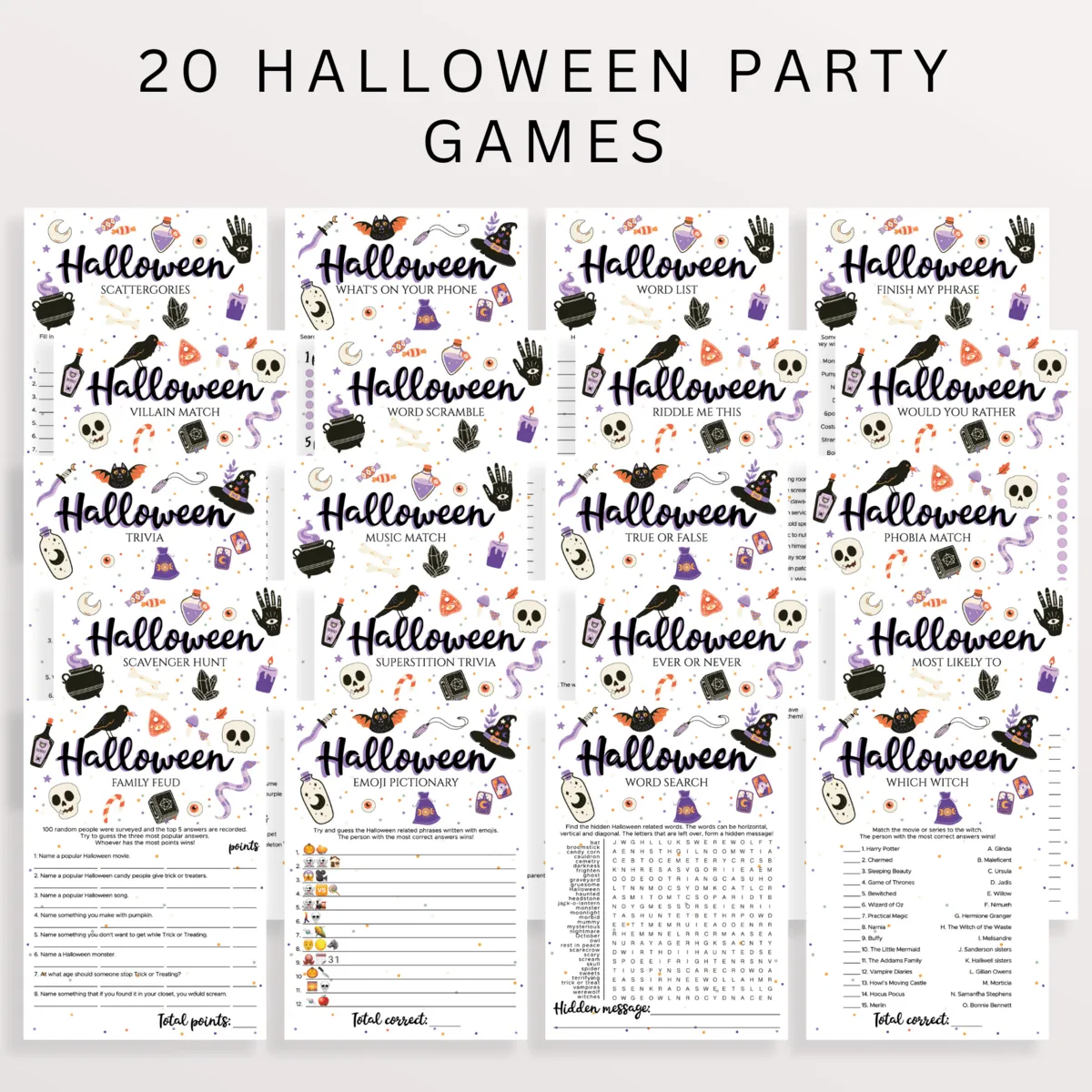 Halloween Witch Themed Party Games Bundle Printable | Editable Templates