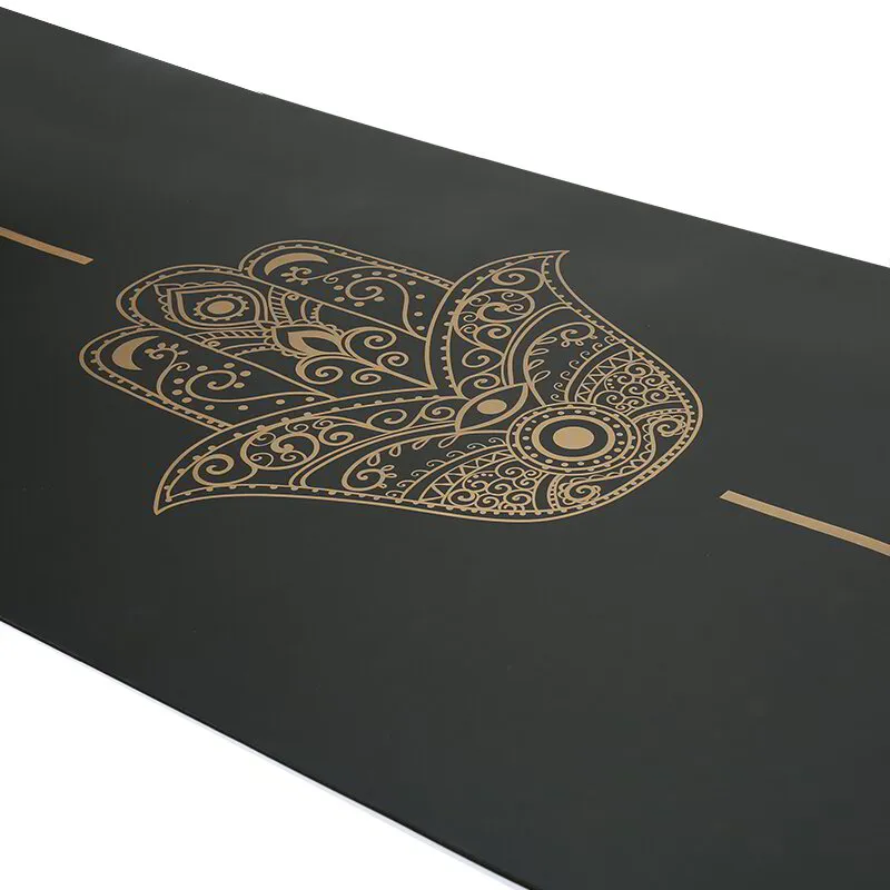 Eco-friendly Natural Rubber Yoga Mat - black with gold Hamsa
