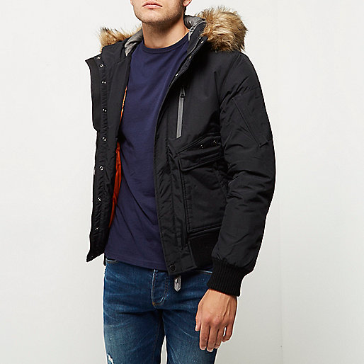 Black Schott faux fur hooded jacket